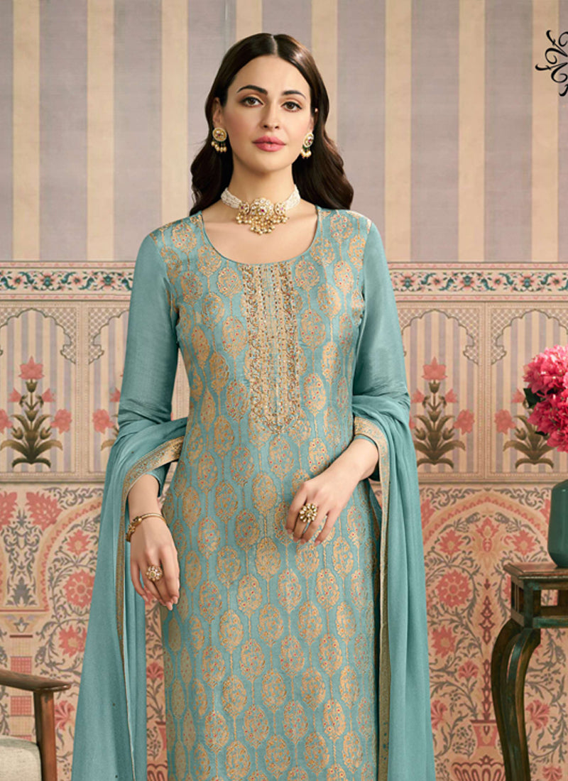 Vegaa Fashion Light Blue Jacquard Silk Hand Work Designer Salwar Suit - Distacart