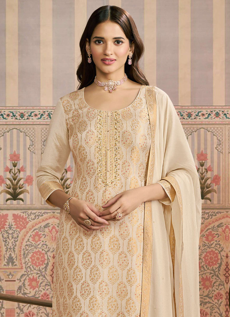 Vegaa Fashion Off White Jacquard Silk Hand Work Designer Salwar Suit - Distacart
