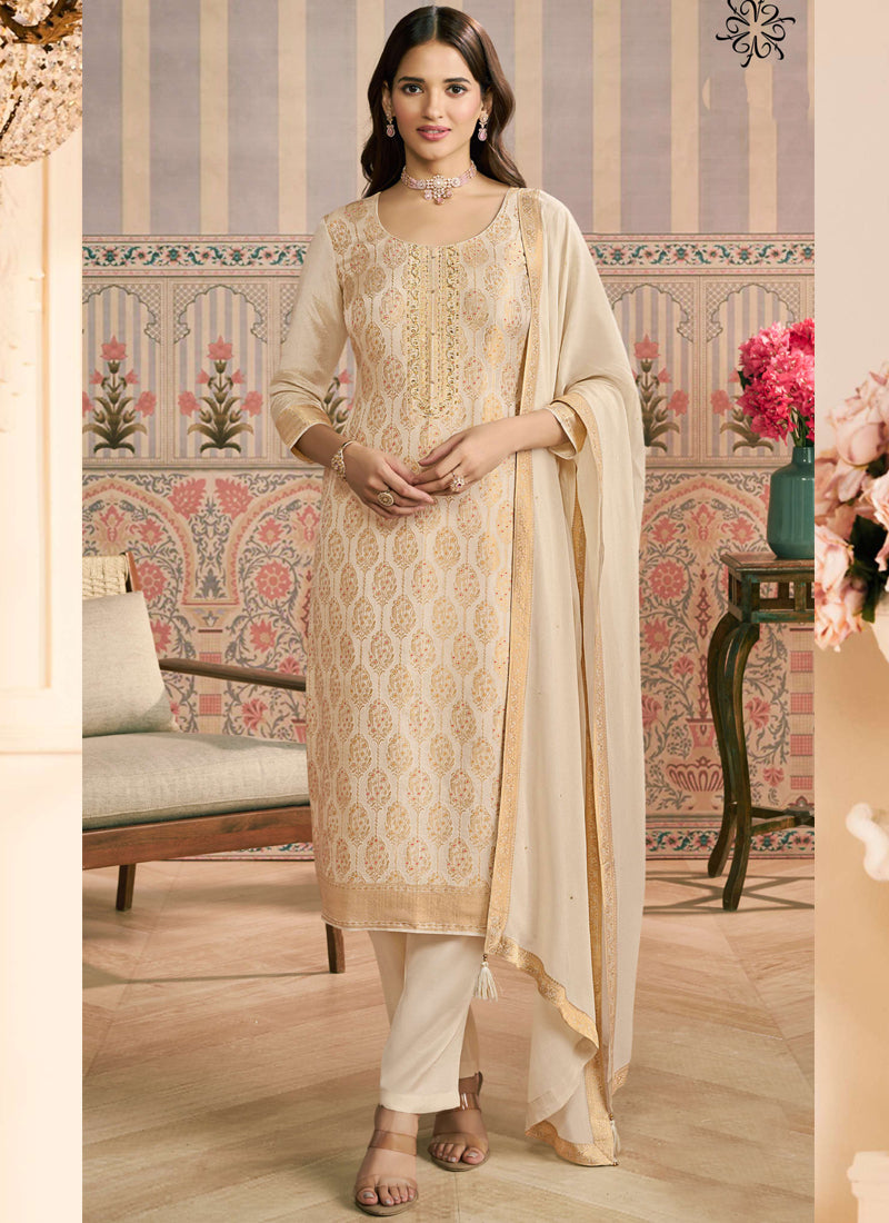 Vegaa Fashion Off White Jacquard Silk Hand Work Designer Salwar Suit - Distacart