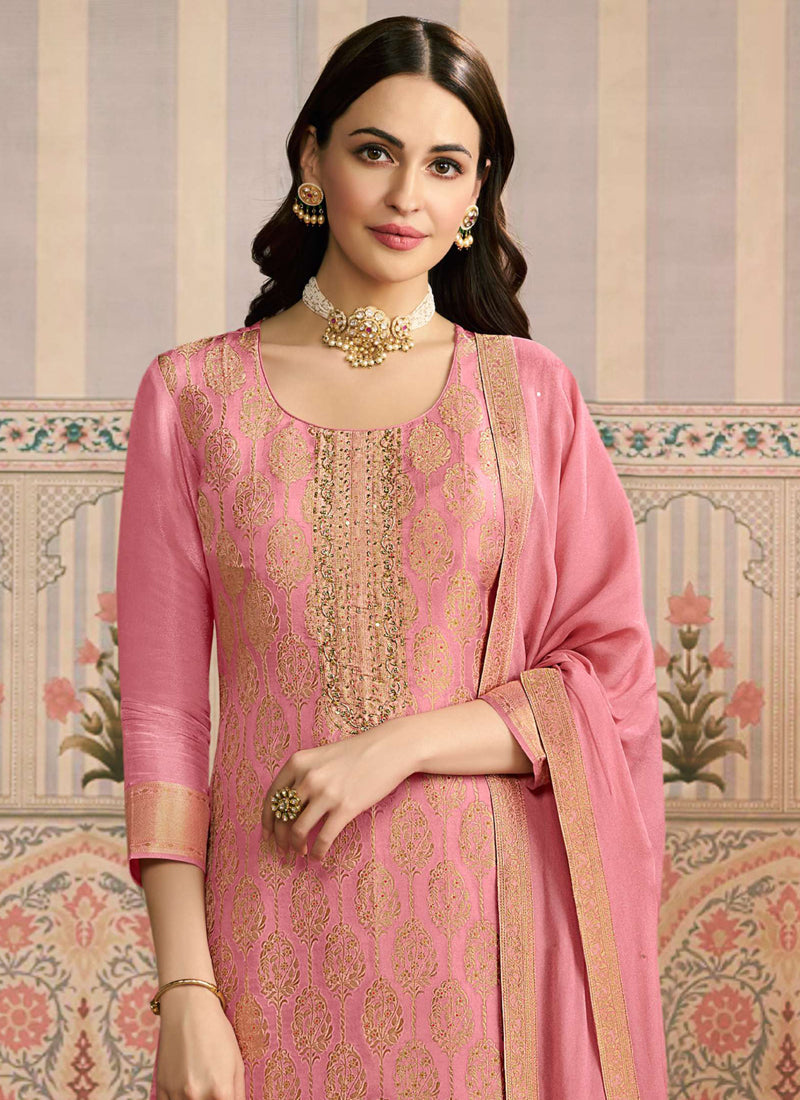 Vegaa Fashion Pink Jacquard Silk Hand Work Designer Salwar Suit - Distacart