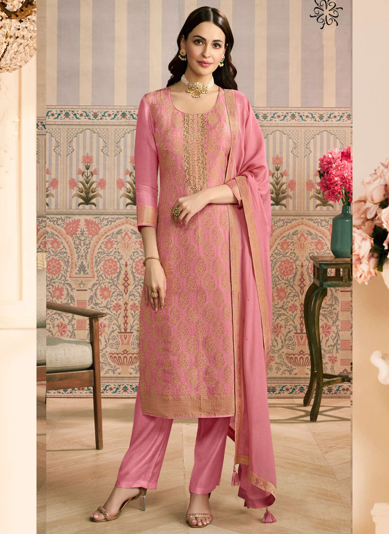 Vegaa Fashion Pink Jacquard Silk Hand Work Designer Salwar Suit - Distacart