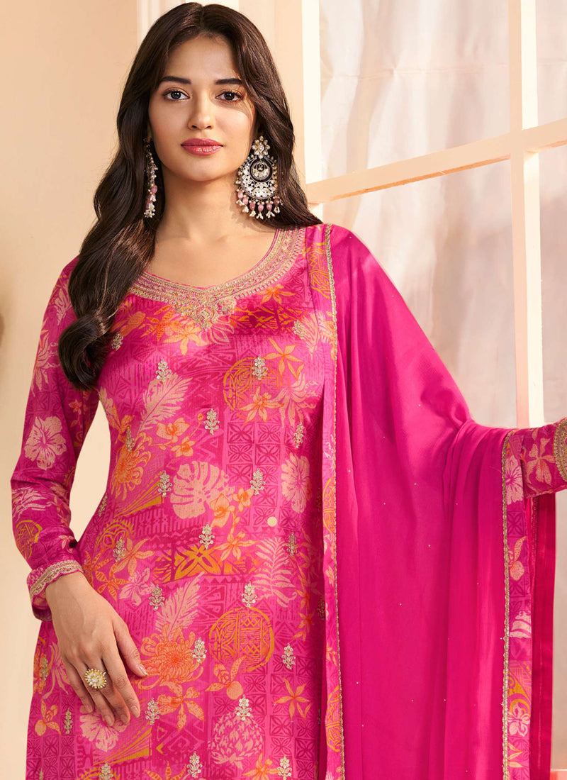 Vegaa Fashion Pink Chinon Silk Embroidered Digital Print Designer Salwar Suit - Distacart