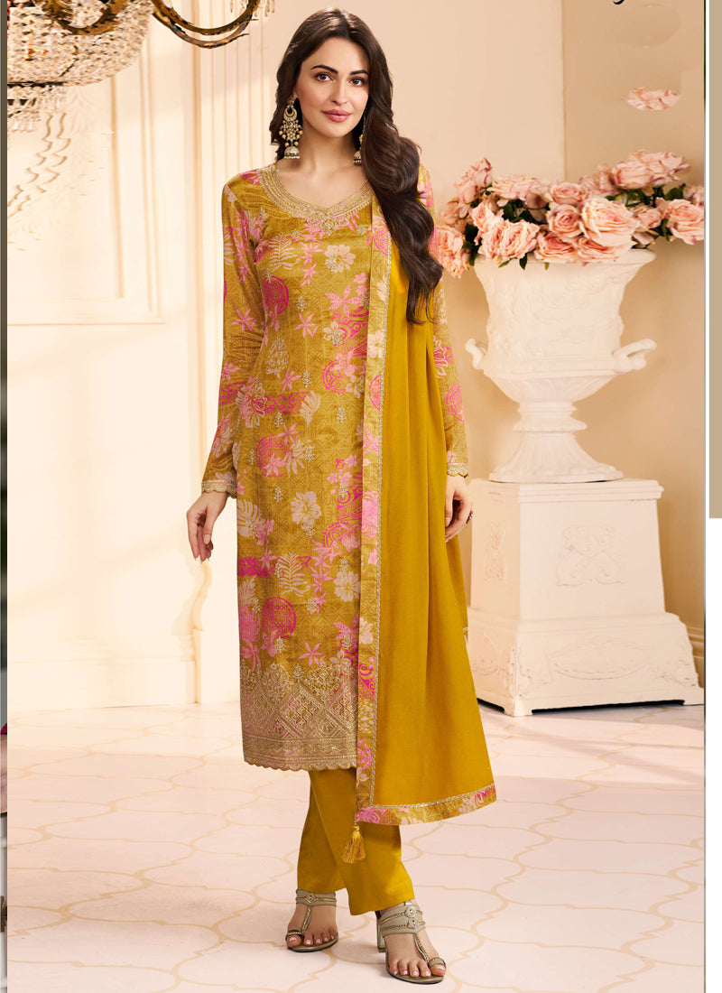 Vegaa Fashion Yellow Chinon Silk Embroidered Digital Print Designer Salwar Suit - Distacart