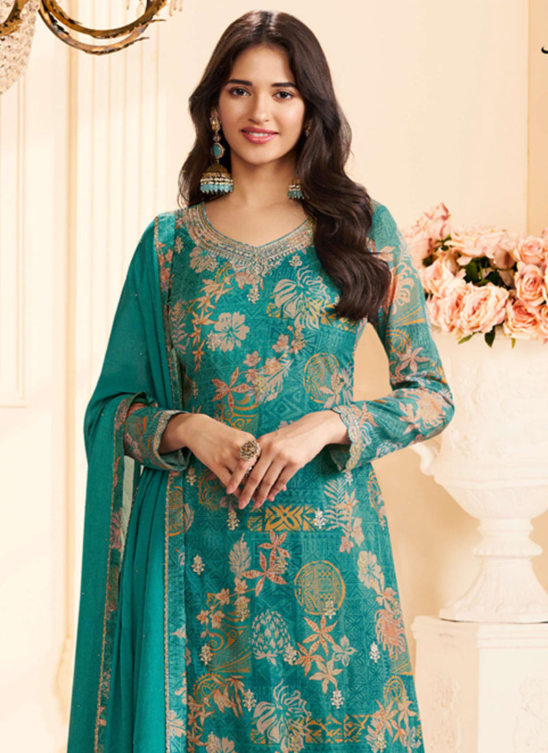 Vegaa Fashion Turquoise Chinon Silk Embroidered Digital Print Designer Salwar Suit - Distacart