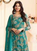 Vegaa Fashion Turquoise Chinon Silk Embroidered Digital Print Designer Salwar Suit - Distacart