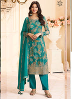 Vegaa Fashion Turquoise Chinon Silk Embroidered Digital Print Designer Salwar Suit - Distacart