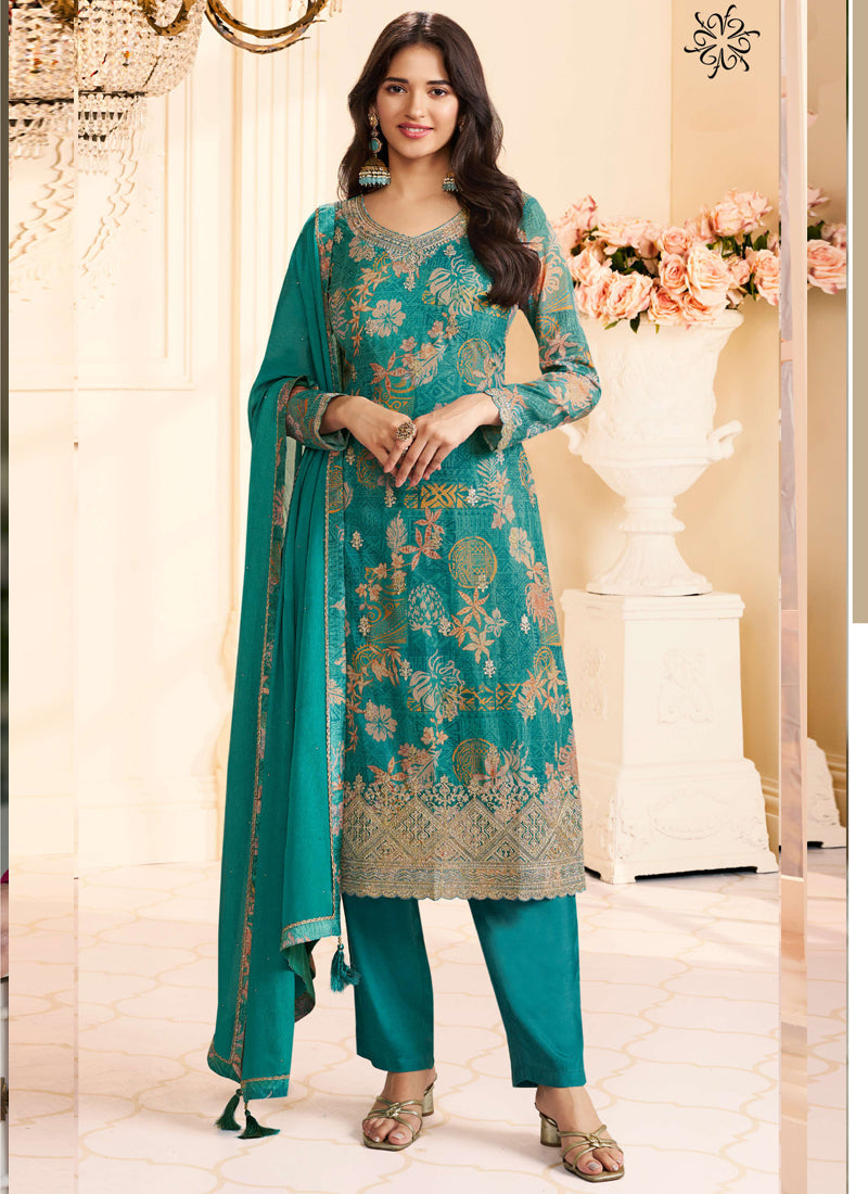 Vegaa Fashion Turquoise Chinon Silk Embroidered Digital Print Designer Salwar Suit - Distacart