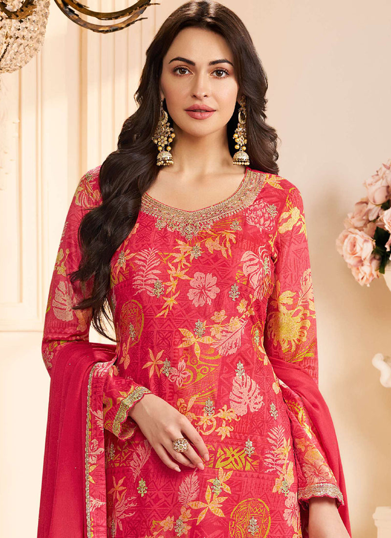 Vegaa Fashion Red Chinon Silk Embroidered Digital Print Designer Salwar Suit - Distacart