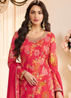 Vegaa Fashion Red Chinon Silk Embroidered Digital Print Designer Salwar Suit - Distacart