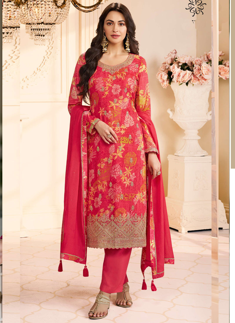 Vegaa Fashion Red Chinon Silk Embroidered Digital Print Designer Salwar Suit - Distacart