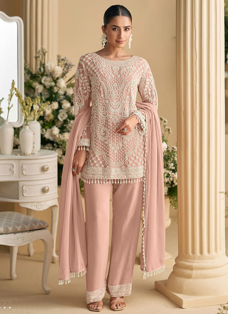Vegaa Fashion Light Peach Georgette Embroidered Beads Designer Salwar Suit - Distacart