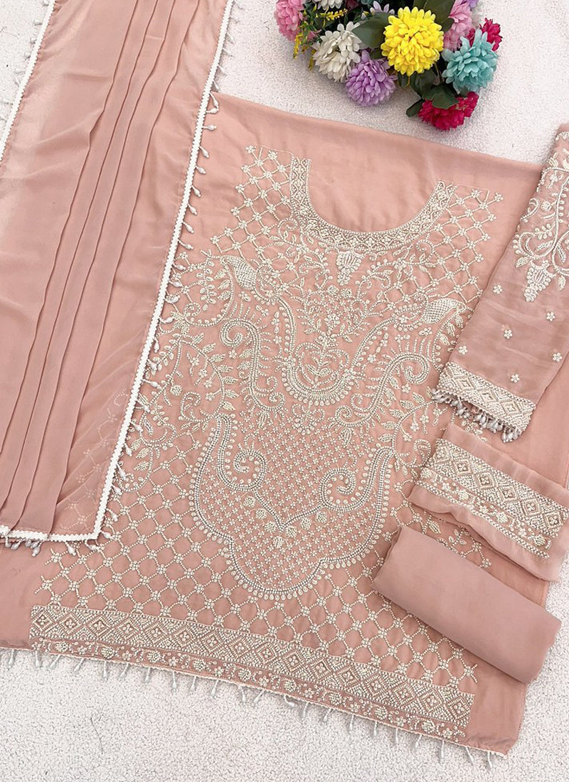 Vegaa Fashion Light Peach Georgette Embroidered Beads Designer Salwar Suit - Distacart