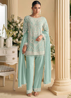 Vegaa Fashion Light Sky Blue Georgette Embroidered Beads Designer Salwar Suit - Distacart