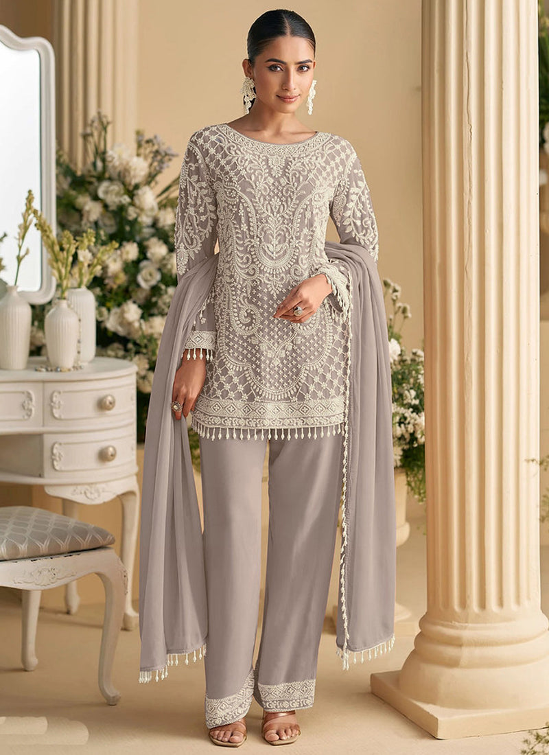 Vegaa Fashion Light Brown Georgette Embroidered Beads Designer Salwar Suit - Distacart