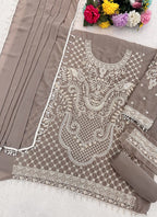 Vegaa Fashion Light Brown Georgette Embroidered Beads Designer Salwar Suit - Distacart