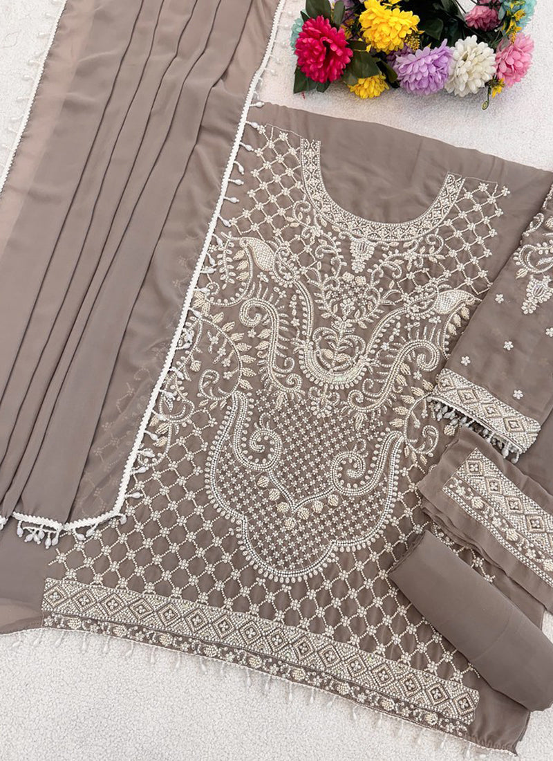 Vegaa Fashion Light Brown Georgette Embroidered Beads Designer Salwar Suit - Distacart