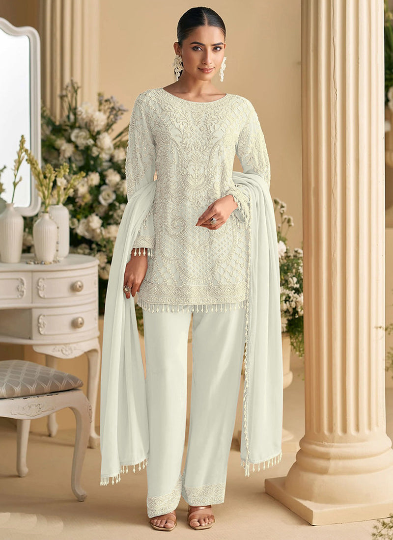 Vegaa Fashion Off White Georgette Embroidered Beads Designer Salwar Suit - Distacart