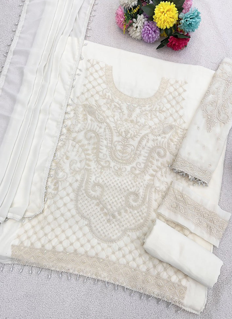 Vegaa Fashion Off White Georgette Embroidered Beads Designer Salwar Suit - Distacart
