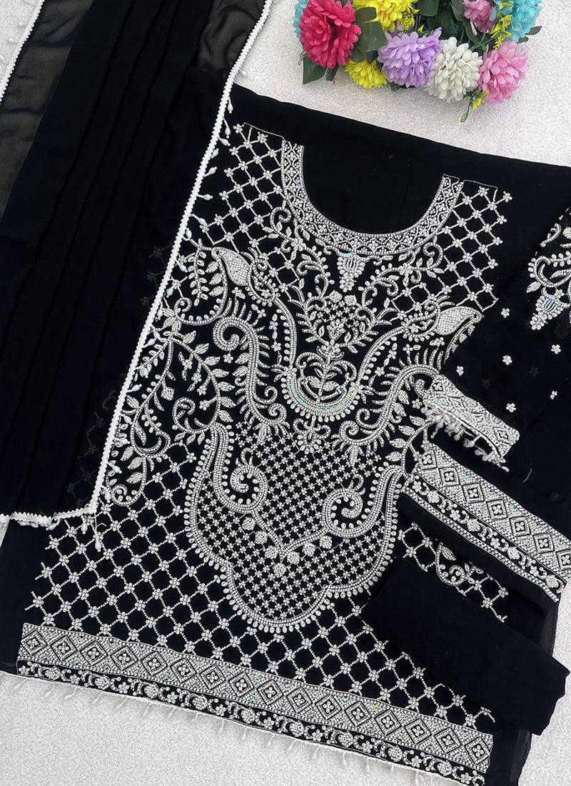 Vegaa Fashion Black Georgette Embroidered Beads Designer Salwar Suit - Distacart