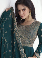 Vegaa Fashion Teal Vichitra Silk Sequence Anarkali Suit