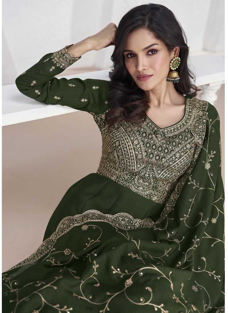 Vegaa Fashion Mehendi Vichitra Silk Sequence Anarkali Suit
