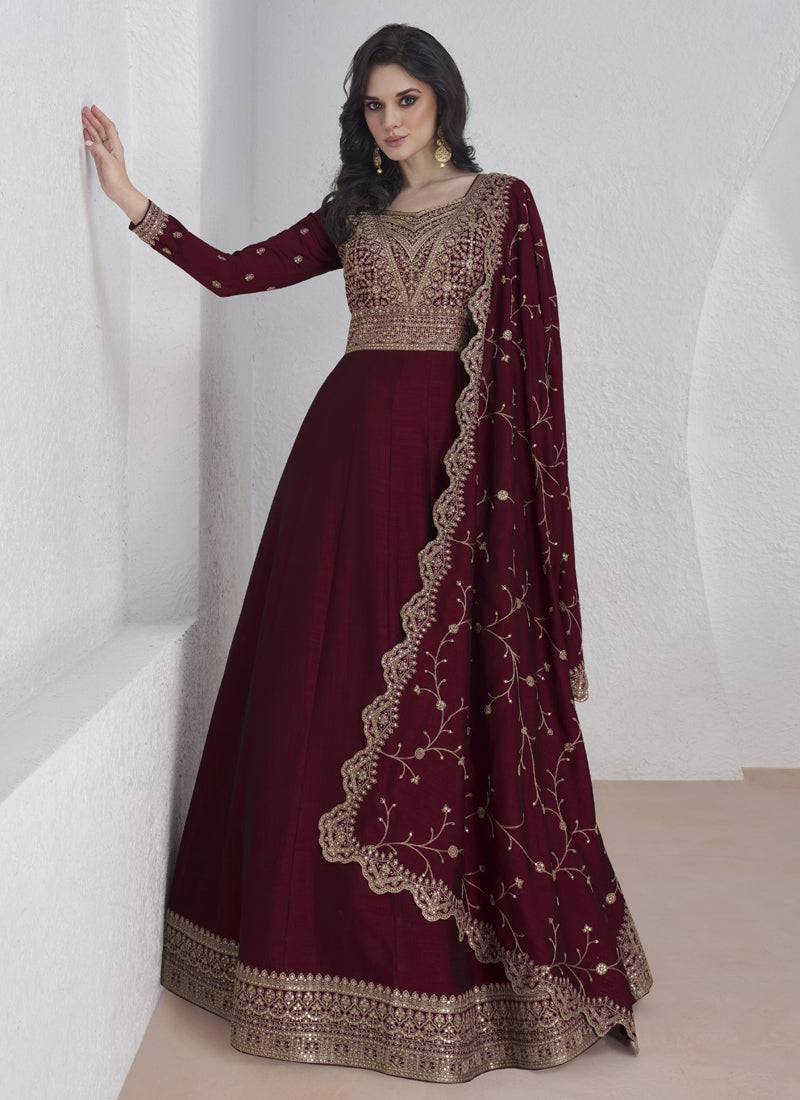 Vegaa Fashion Maroon Vichitra Silk Sequence Anarkali Suit