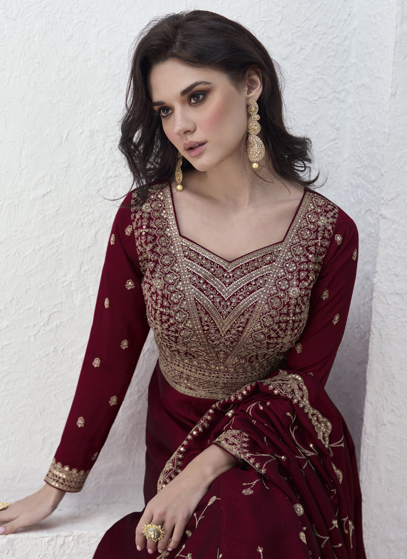 Vegaa Fashion Maroon Vichitra Silk Sequence Anarkali Suit