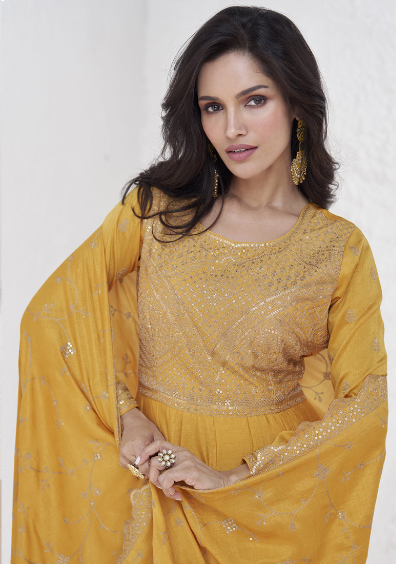 Vegaa Fashion Yellow Vichitra Silk Sequence Anarkali Suit