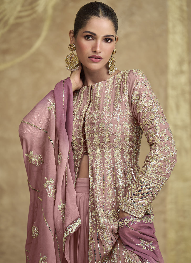 Vegaa Fashion Peach Real Georgette Embroidered Lehenga Style Suit