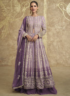 Vegaa Fashion Lavender Real Georgette Embroidered Lehenga Style Suit