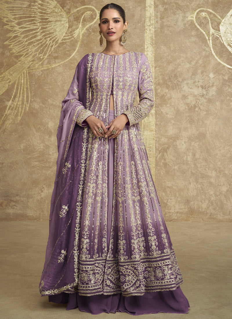 Vegaa Fashion Lavender Real Georgette Embroidered Lehenga Style Suit