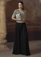 Vegaa Fashion Black Real Chinon Silk Embroidered Jacket Style Palazzo Suit