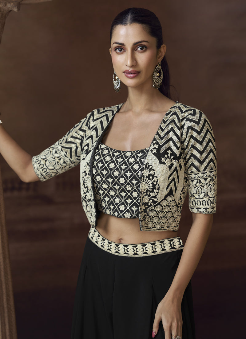 Vegaa Fashion Black Real Chinon Silk Embroidered Jacket Style Palazzo Suit