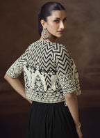 Vegaa Fashion Black Real Chinon Silk Embroidered Jacket Style Palazzo Suit
