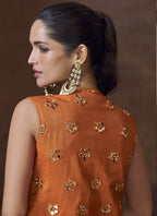 Vegaa Fashion Orange Real Chinon Silk Embroidered Jacket Style Palazzo Suit