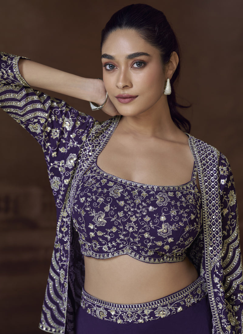 Vegaa Fashion Violet Real Chinon Silk Embroidered Jacket Style Palazzo Suit - Distacart