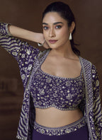 Vegaa Fashion Violet Real Chinon Silk Embroidered Jacket Style Palazzo Suit - Distacart
