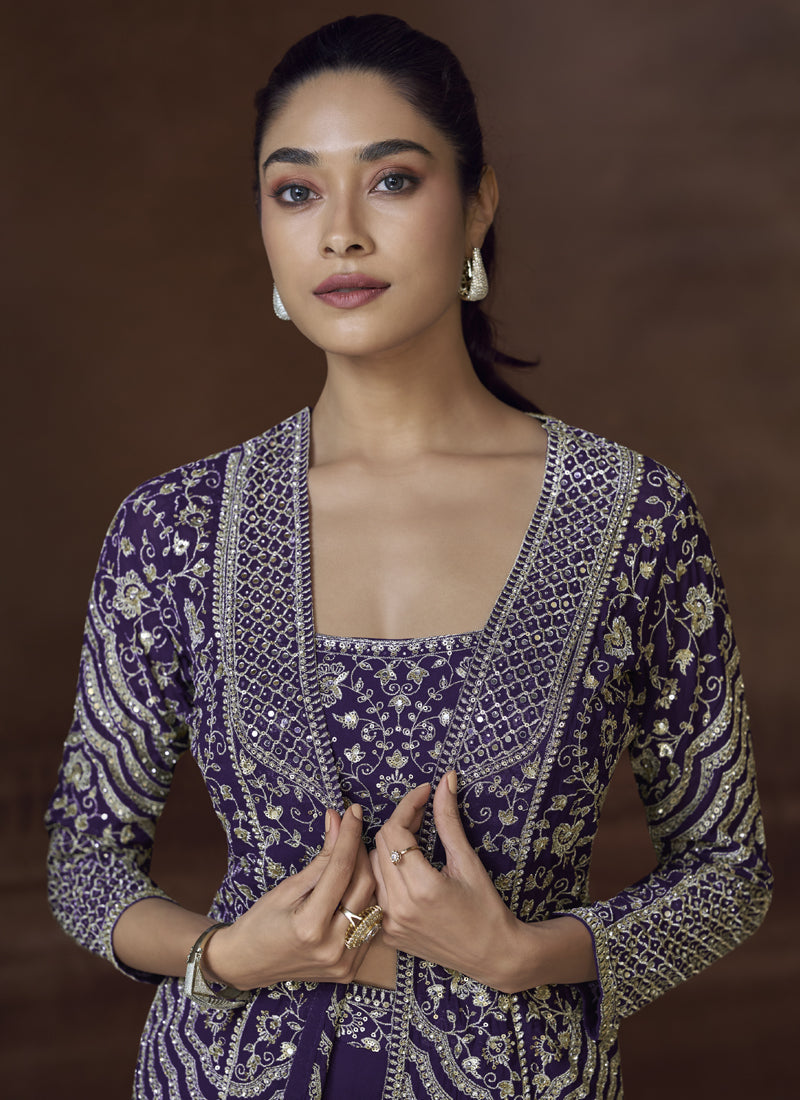 Vegaa Fashion Violet Real Chinon Silk Embroidered Jacket Style Palazzo Suit - Distacart