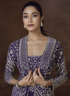 Vegaa Fashion Violet Real Chinon Silk Embroidered Jacket Style Palazzo Suit - Distacart