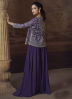 Vegaa Fashion Violet Real Chinon Silk Embroidered Jacket Style Palazzo Suit - Distacart