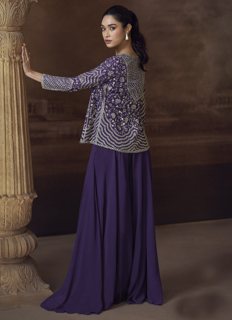 Vegaa Fashion Violet Real Chinon Silk Embroidered Jacket Style Palazzo Suit - Distacart