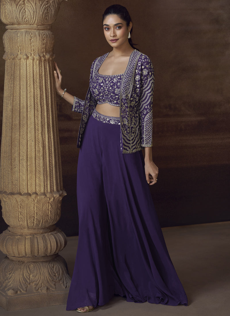 Vegaa Fashion Violet Real Chinon Silk Embroidered Jacket Style Palazzo Suit - Distacart