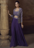 Vegaa Fashion Violet Real Chinon Silk Embroidered Jacket Style Palazzo Suit - Distacart