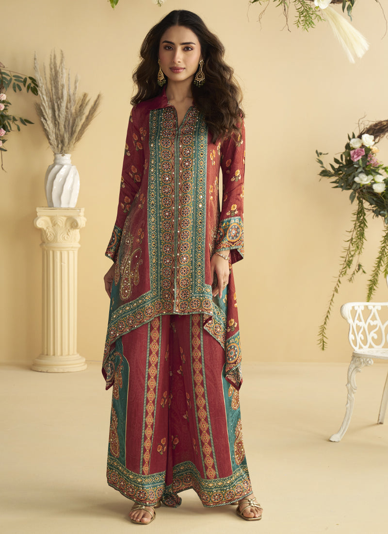 Vegaa Fashion Maroon Crepe Silk Emblissed Mirror Work Designer Cord Set - Distacart