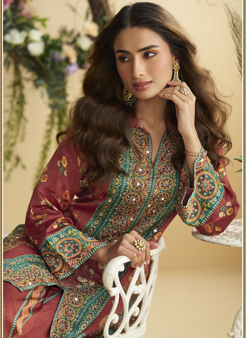 Vegaa Fashion Maroon Crepe Silk Emblissed Mirror Work Designer Cord Set - Distacart
