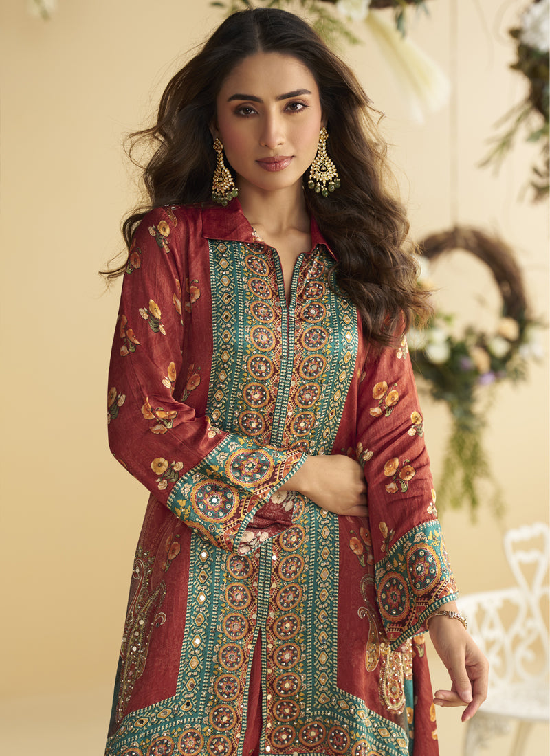 Vegaa Fashion Maroon Crepe Silk Emblissed Mirror Work Designer Cord Set - Distacart
