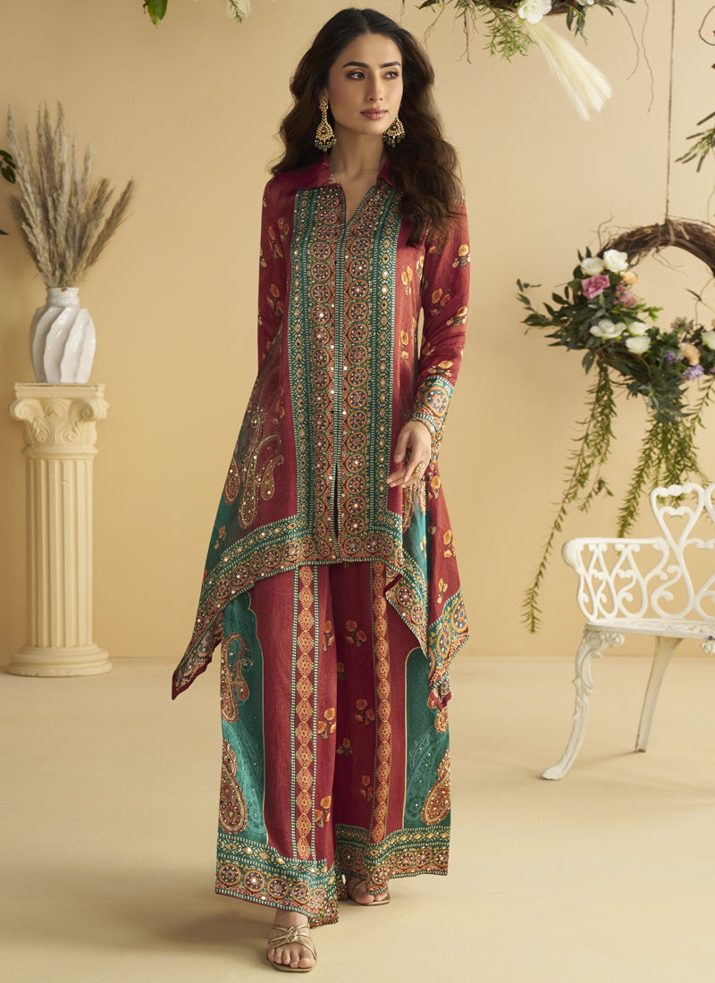 Vegaa Fashion Maroon Crepe Silk Emblissed Mirror Work Designer Cord Set - Distacart