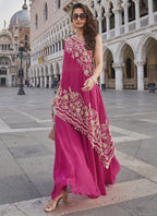 Vegaa Fashion Pink Crepe Silk Embroidered Western Palazzo With Blouse