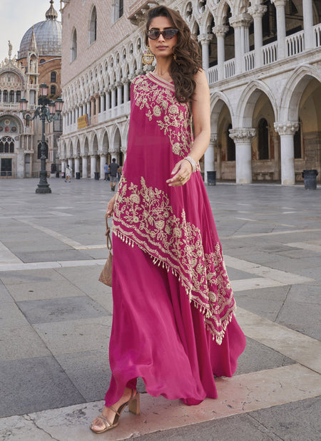Vegaa Fashion Pink Crepe Silk Embroidered Western Palazzo With Blouse