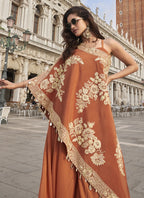 Vegaa Fashion Orange Crepe Silk Embroidered Western Palazzo With Blouse